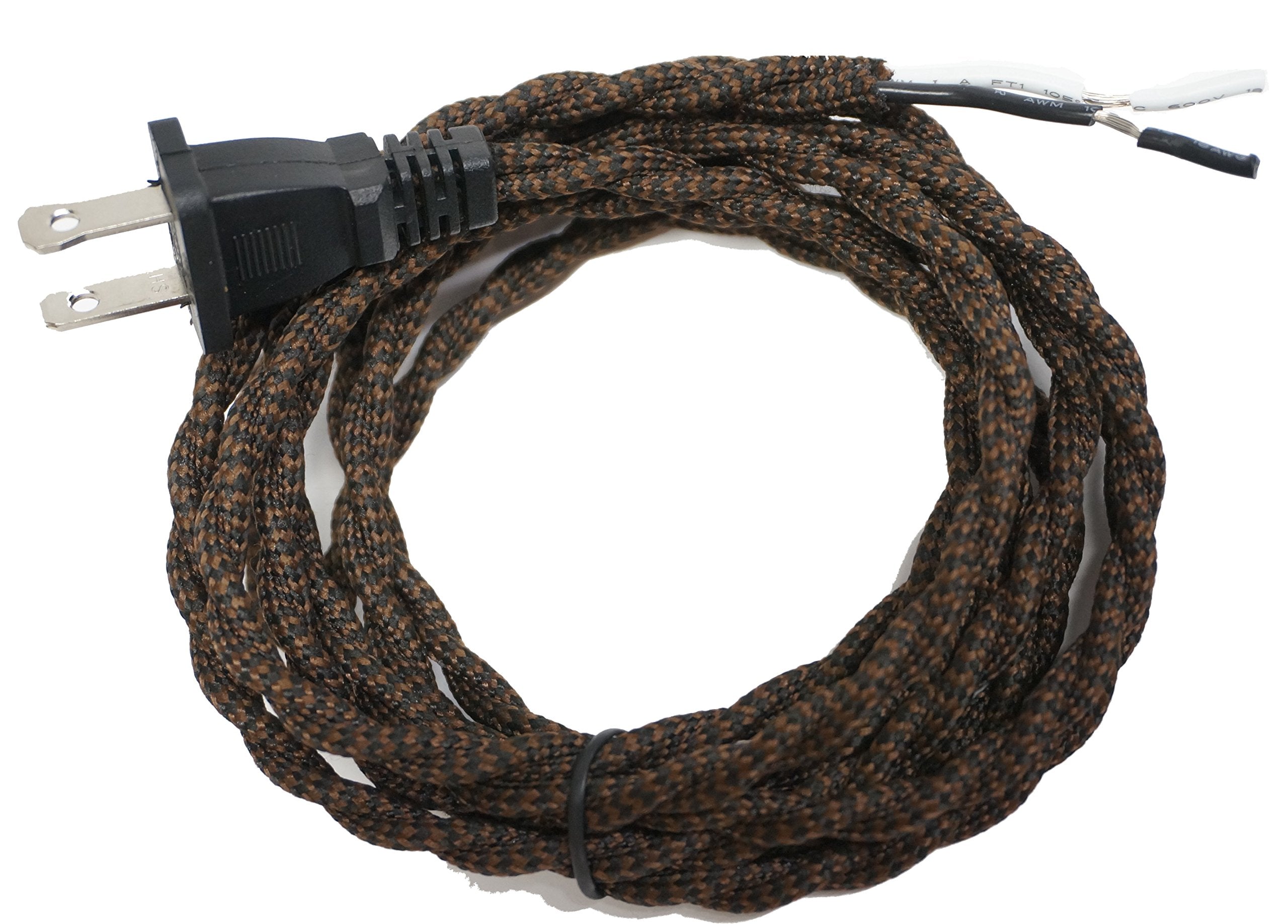Twisted Rayon Cloth Covered Electric Lamp Cord With Polarized End Plug, Stripped Ends Ready For Wiring 8 Feet Long